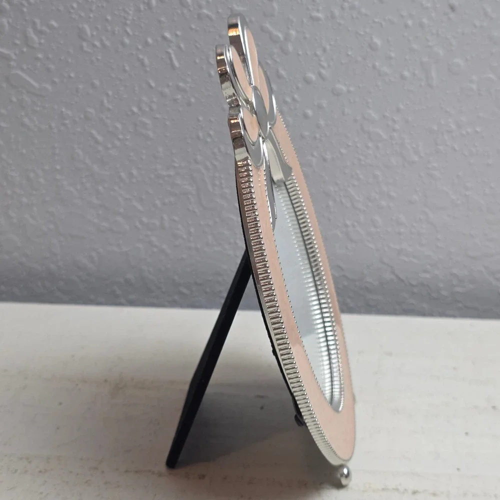 Silver Tone Peachy Pink Enamel Bow Oval Picture Frame‎ Beaded Edge Tabletop